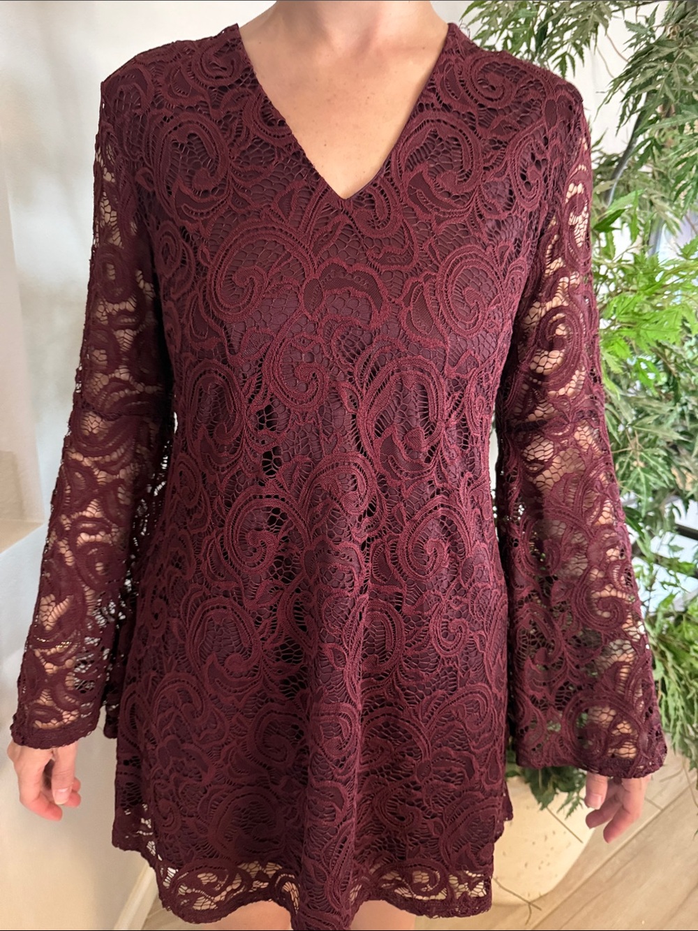 AX Paris Burgundy Lace V-Neck Long Sleeve Dress